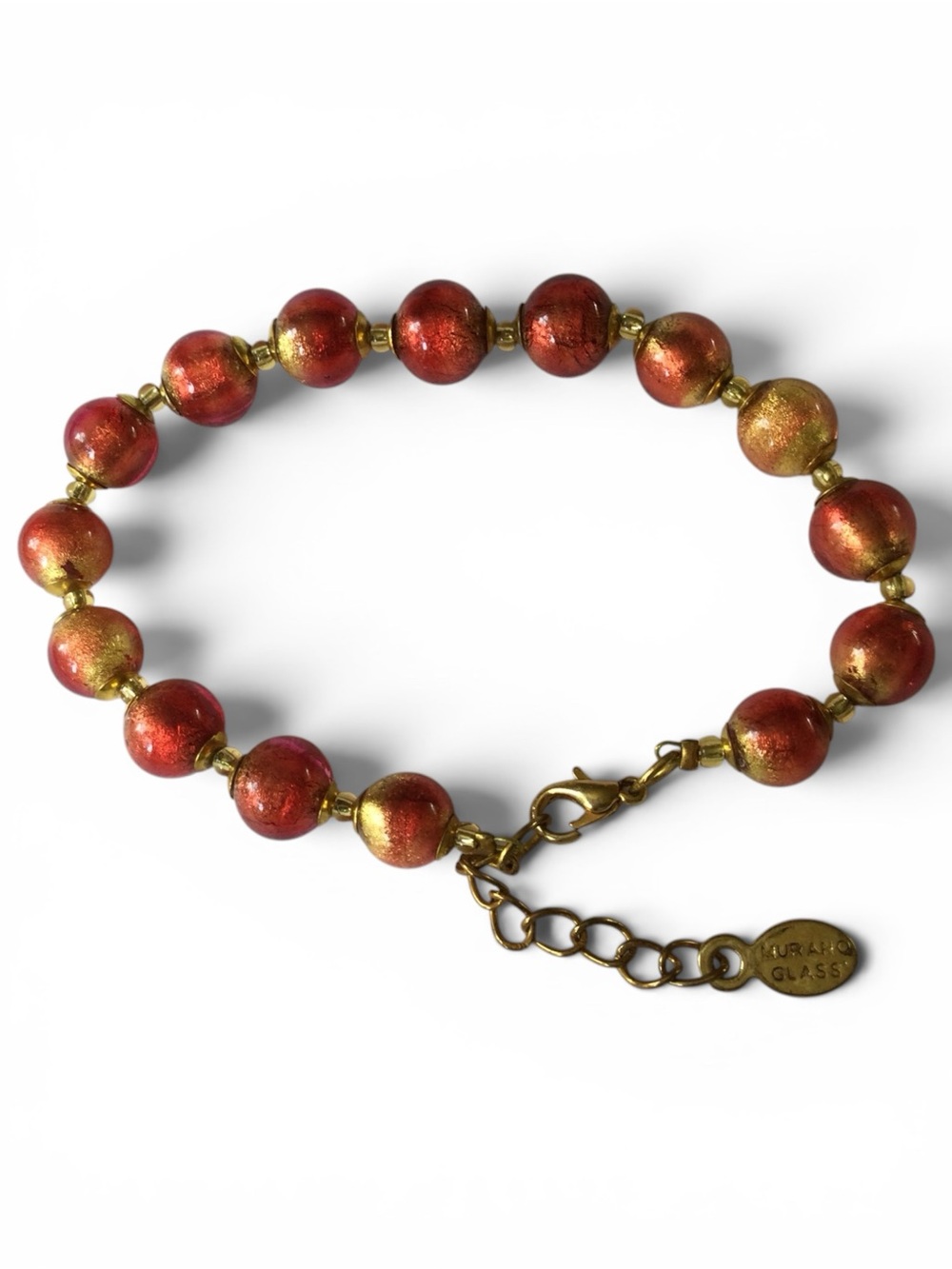 Rare Murano Glass Ombré Red-Orange Beaded Bracelet, Gold-Tone, Made in Italy - Picture 7 of 12